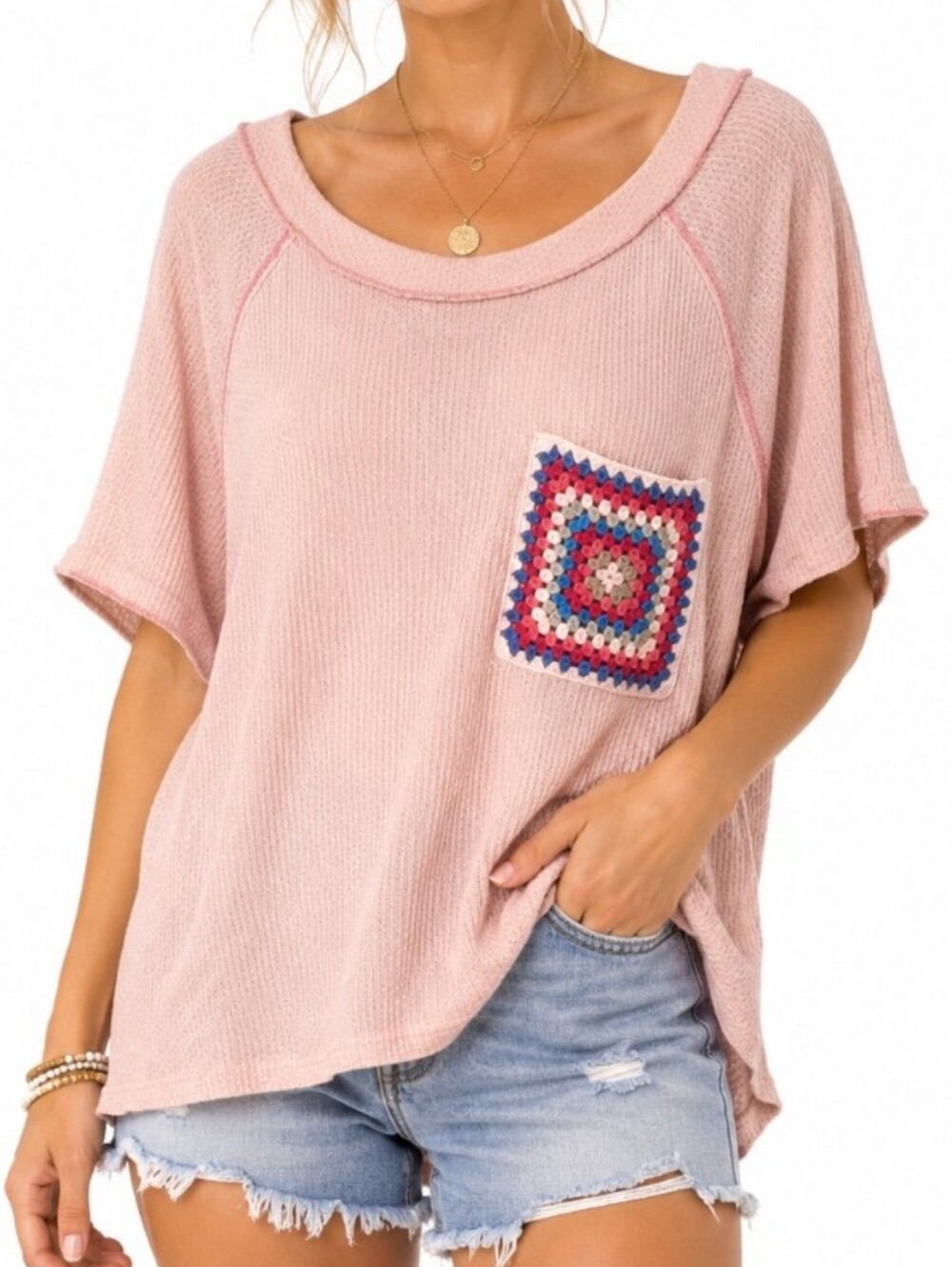 Bibi Blush Pink Waffle Knit Crochet Pocket Top Boho Cottagecore Size L